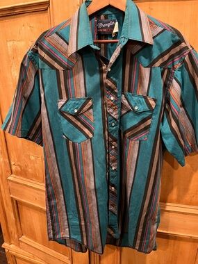 Wrangler Teal Multicolor Striped Short-Sleeve Western Shirt